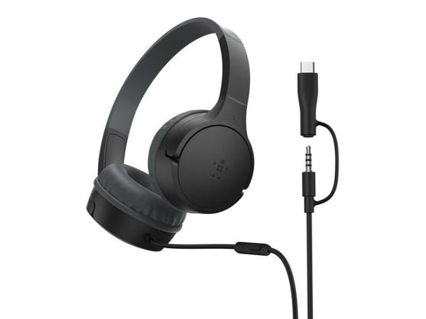 Belkin SoundForm Mini - Hodetelefoner med mikrofon - on-ear - kablet - 3,5 mm jakk, USB-C - svart