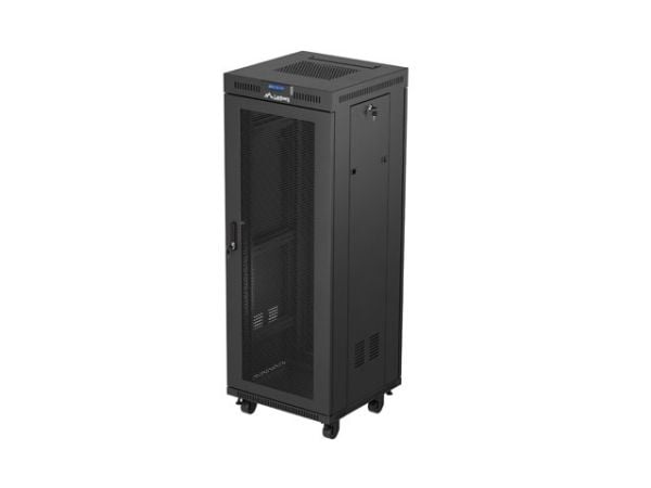 Lanberg FF01 series - Rack skap - 600 x 600, flat pack, with mesh door, LCD - med LCD-skjerm, termostat, 2 kjølevifter - fritt stående, står på gul...
