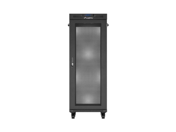 Lanberg FF01 series - Rack skap - 600 x 600, flat pack, with mesh door, LCD - med LCD-skjerm, termostat, 2 kjølevifter - fritt stående, står på gul...