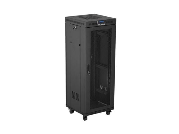 Lanberg FF01 series - Rack skap - 600 x 600, flat pack, with mesh door, LCD - med LCD-skjerm, termostat, 2 kjølevifter - fritt stående, står på gul...