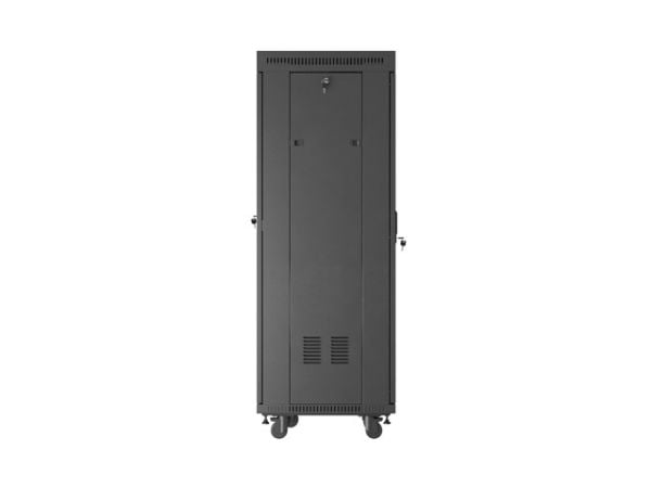 Lanberg FF01 series - Rack skap - 600 x 600, flat pack, with mesh door, LCD - med LCD-skjerm, termostat, 2 kjølevifter - fritt stående, står på gul...