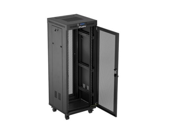 Lanberg FF01 series - Rack skap - 600 x 600, flat pack, with mesh door, LCD - med LCD-skjerm, termostat, 2 kjølevifter - fritt stående, står på gul...