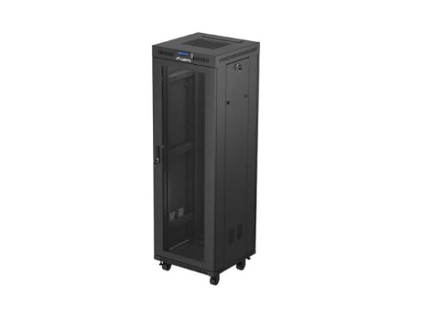 Lanberg FF01 series - Rack skap - 600 x 600, flat pack, with mesh door, LCD - med LCD-skjerm, termostat, 2 kjølevifter - fritt stående, står på gul...