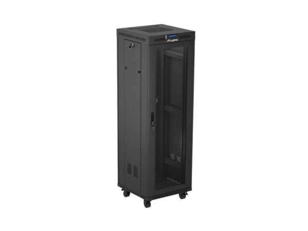 Lanberg FF01 series - Rack skap - 600 x 600, flat pack, with mesh door, LCD - med LCD-skjerm, termostat, 2 kjølevifter - fritt stående, står på gul...