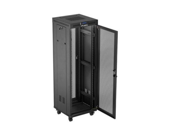 Lanberg FF01 series - Rack skap - 600 x 600, flat pack, with mesh door, LCD - med LCD-skjerm, termostat, 2 kjølevifter - fritt stående, står på gul...