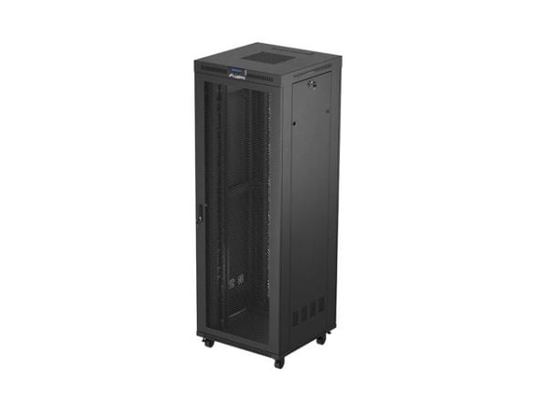 Lanberg FF01 series - Rack skap - 800 x 800, flat pack, with mesh door, LCD - med LCD-skjerm, termostat, 4 kjølevifter - fritt stående, står på gul...