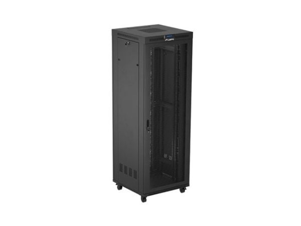 Lanberg FF01 series - Rack skap - 800 x 800, flat pack, with mesh door, LCD - med LCD-skjerm, termostat, 4 kjølevifter - fritt stående, står på gul...