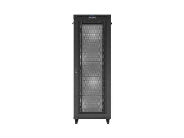 Lanberg FF01 series - Rack skap - 800 x 800, flat pack, with mesh door, LCD - med LCD-skjerm, termostat, 4 kjølevifter - fritt stående, står på gul...