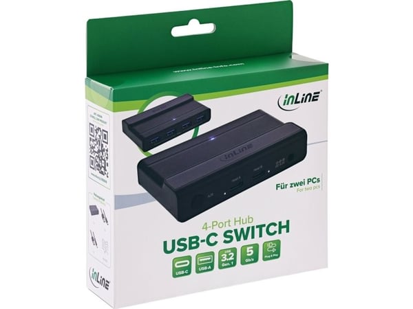 InLine USB-C Switch - Bryter for 2 PC-er - 4-port hub - USB 3.2 Gen.1 - svart (60604I)