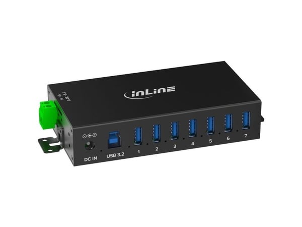 InLine USB 3.2 Gen.1 teollisuuskeskitin - 7 porttia - alumiinikotelo - virtalähteellä (353956B)