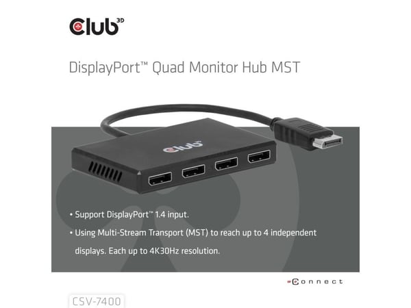 Club 3D CSV-7400 - DisplayPort-adapter - DisplayPort (hann) til DisplayPort (hunn) - DisplayPort 1.4 - 5 V - 2.4 A - 22 cm