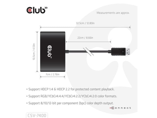 Club 3D CSV-7400 - DisplayPort-adapter - DisplayPort (hann) til DisplayPort (hunn) - DisplayPort 1.4 - 5 V - 2.4 A - 22 cm