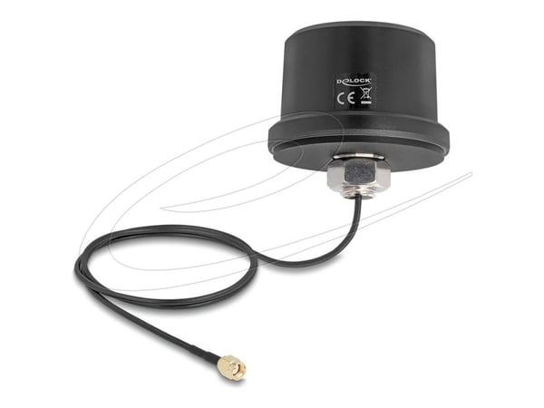 Delock WiFi 7 antenni RP-SMA liitin 3.1-3.5dBi suuntaamaton ja liitäntäkaapeli ULA100 1m kattoasennus ulkona musta