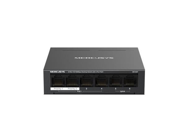 Mercusys MS106P, Ohanterad, Fast Ethernet (10/100), Full duplex, Strömförsörjning via Ethernet (PoE) stöd, Bords-/väggmontering