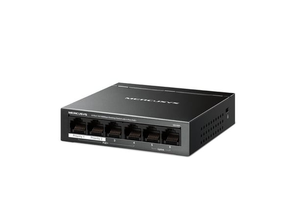 Mercusys MS106P, Uhåndtert, Fast Ethernet (10/100), Full tosidig, Strøm over Ethernet (PoE), Skrivebords-/veggmontering