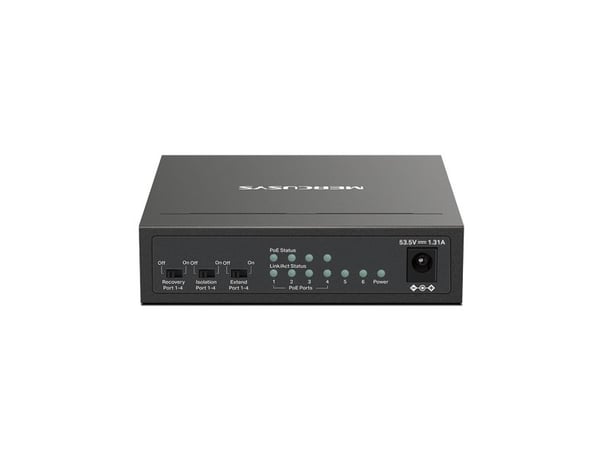 Mercusys MS106P, Uhåndtert, Fast Ethernet (10/100), Full tosidig, Strøm over Ethernet (PoE), Skrivebords-/veggmontering