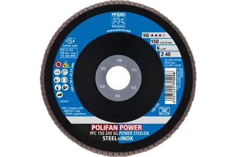 PFERD POLIFAN flap discs zirconia alumina Z SG POWER STEELOX, 15 cm, 10 stykker