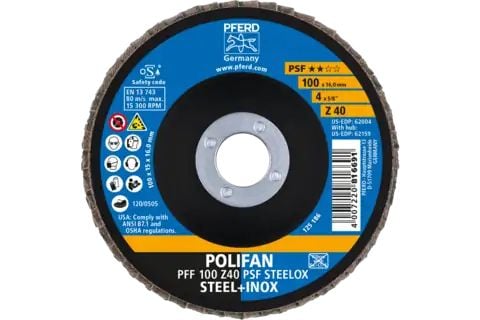 PFERD POLIFAN flap discs zirconia alumina Z PSF STEELOX, 10 cm, 10 stykker