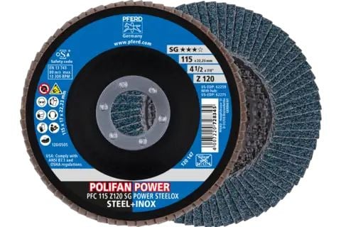 PFERD POLIFAN flap discs zirconia alumina Z SG POWER STEELOX, 11,5 cm, 10 stykker