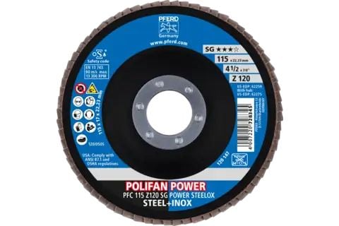 PFERD POLIFAN flap discs zirconia alumina Z SG POWER STEELOX, 11,5 cm, 10 stykker