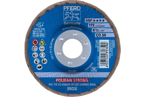 PFERD POLIFAN flap discs ceramic oxide grain CO-FREEZE SGP STRONG INOX, 11,5 cm, 10 stykker