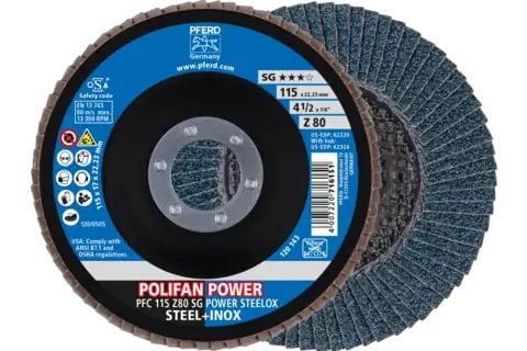 PFERD POLIFAN flap discs zirconia alumina Z SG POWER STEELOX, 11,5 cm, 10 stykker