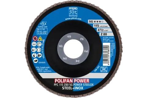 PFERD POLIFAN flap discs zirconia alumina Z SG POWER STEELOX, 11,5 cm, 10 stykker