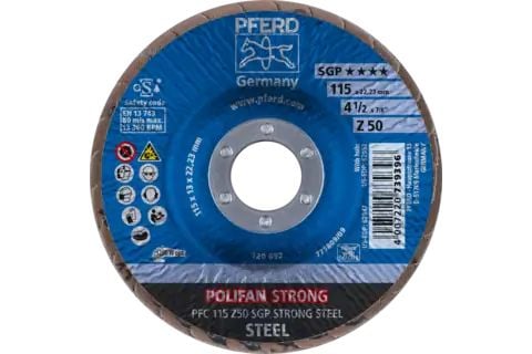 PFERD POLIFAN flap discs zirconia alumina Z SGP STRONG STEEL, 11,5 cm, 10 stykker