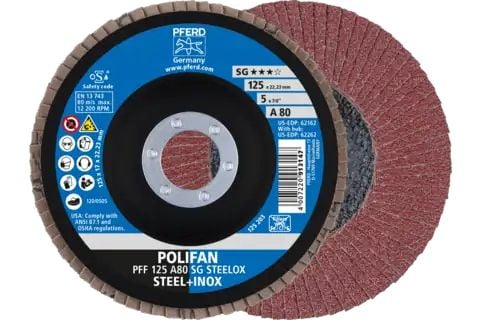PFERD POLIFAN flap discs aluminium oxide A SG STEELOX, 12,5 cm, 10 stykker