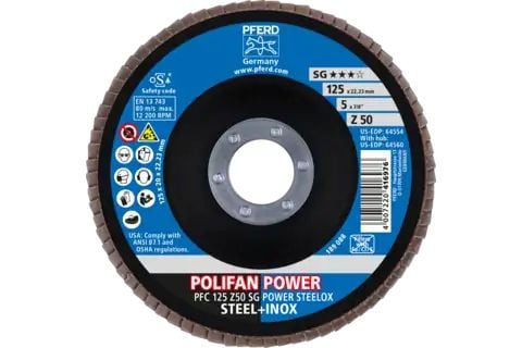 PFERD POLIFAN flap discs zirconia alumina Z SG POWER STEELOX, 12,5 cm, 10 stykker