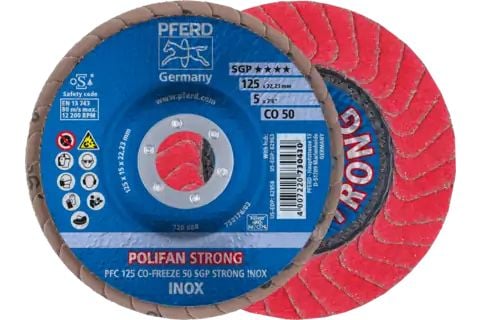 PFERD POLIFAN flap discs ceramic oxide grain CO-FREEZE SGP STRONG INOX, 12,5 cm, 10 stykker