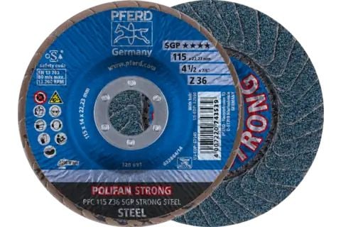 PFERD POLIFAN flap discs zirconia alumina Z SGP STRONG STEEL, 11,5 cm, 10 stykker