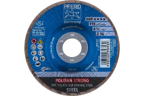 PFERD POLIFAN flap discs zirconia alumina Z SGP STRONG STEEL, 11,5 cm, 10 stykker