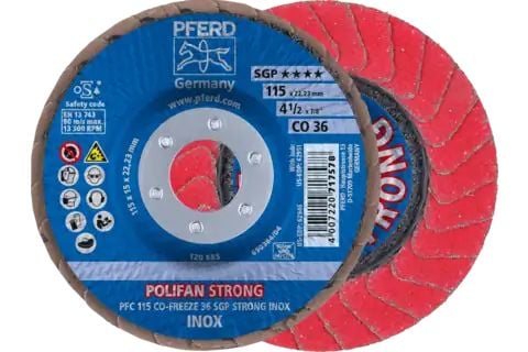 PFERD POLIFAN flap discs ceramic oxide grain CO-FREEZE SGP STRONG INOX, 11,5 cm, 10 stykker