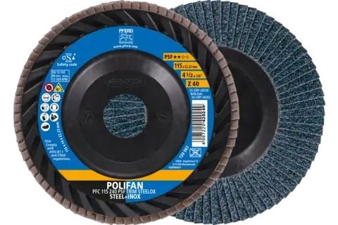 PFERD POLIFAN flap discs zirconia alumina Z PSF TRIM STEELOX, 11,5 cm, 10 stykker