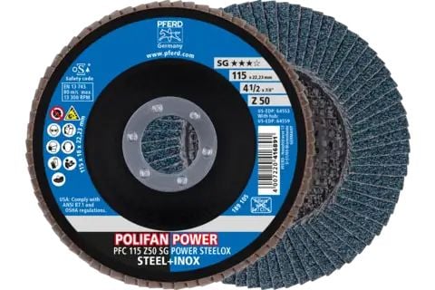 PFERD POLIFAN flap discs zirconia alumina Z SG POWER STEELOX, 11,5 cm, 10 stykker