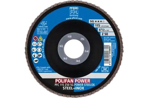 PFERD POLIFAN flap discs zirconia alumina Z SG POWER STEELOX, 11,5 cm, 10 stykker