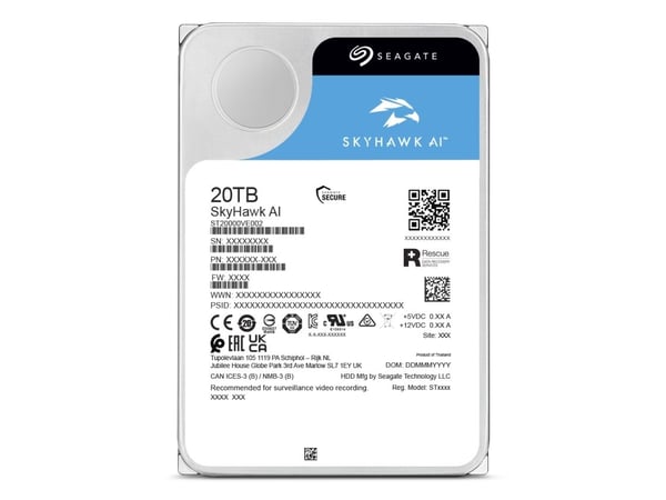 Seagate SkyHawk AI ST20000VE004 - Harddisk - 20 TB - intern - 3.5" - SATA 6Gb/s - buffer: 512 MB - med 3-års Seagate Rescue Data Recovery