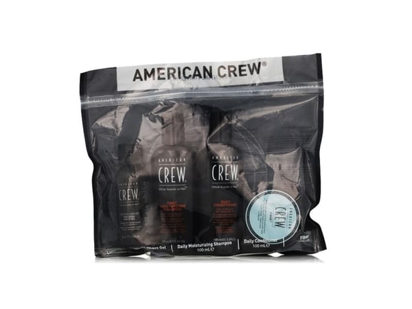 American Crew Essential-sett: Daily hårbalsam 100 ml + Daily hårsjampo 100 ml + Fiber hårstylingpomade 50 ml + Precision soothing barbergel 50 ml