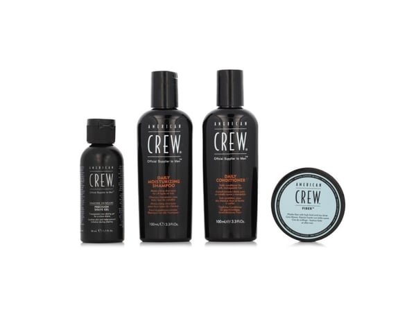 American Crew Essential-sett: Daily hårbalsam 100 ml + Daily hårsjampo 100 ml + Fiber hårstylingpomade 50 ml + Precision soothing barbergel 50 ml