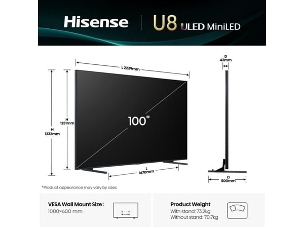 Hisense 100U8Q, 2,54 m (100"), 3840 x 2160 piksler, ULED, Smart TV, Wi-Fi, Svart, Grå