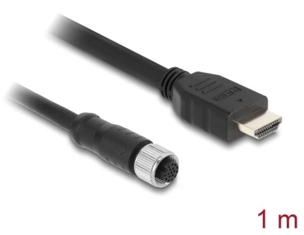 Delock M12-kaapeli A-koodattu 17-nastainen naaras HDMI-uros 1 m musta