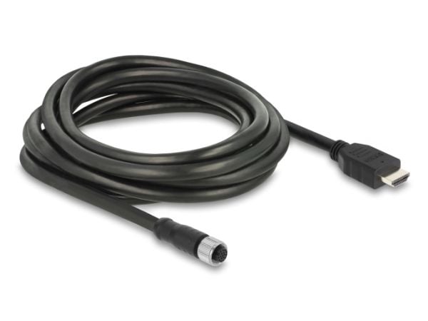 Delock M12-kaapeli A-koodattu 17-nastainen naaras HDMI-uros 3 m musta