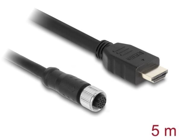 Delock M12-kaapeli A-koodattu 17-nastainen naaras HDMI-uros 5 m musta