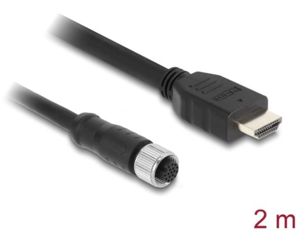 Delock M12-kaapeli A-koodattu 17-nastainen naaras HDMI-uros 2 m musta