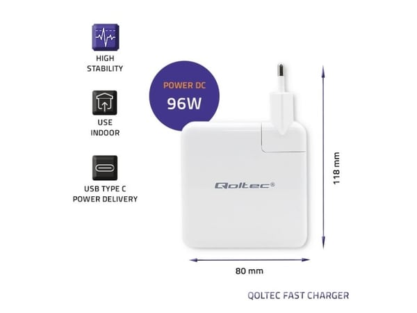 Qoltec - Strömadapter - snabb - 96 Watt - 4.7 A - PD (USB-C) - vit
