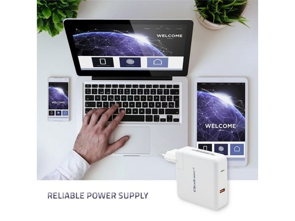 Qoltec GaN FAST - Strømadapter - 108 watt - 4.7 A - PD - 2 utgangskontakter (USB, USB-C) - hvit