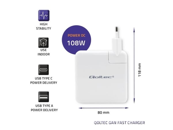 Qoltec GaN FAST - Strømadapter - 108 watt - 4.7 A - PD - 2 utgangskontakter (USB, USB-C) - hvit