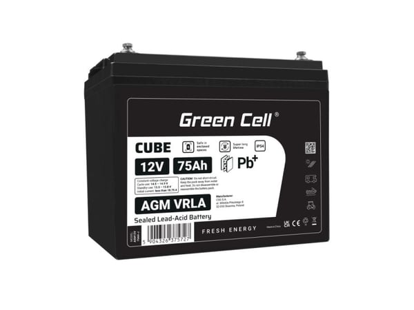 Green Cell AGM12V75AH-J, Slutna blybatterier (VRLA), 12 V, 1 styck, Svart, 75 Ah, 5 År