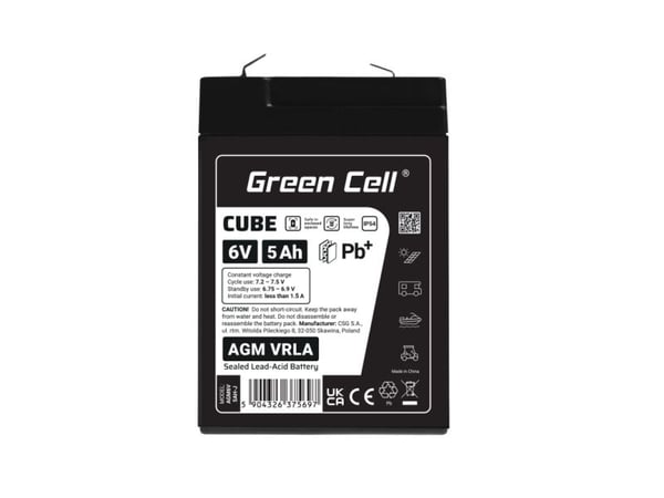 Green Cell Green Cell Cube AGM VRLA IP54 6V 5Ah Vedlikeholdsfritt batteri for kassa Alarmsystem Leker